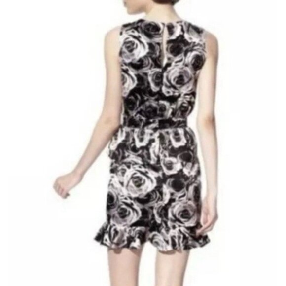 Kate Young Dress 16 Black Ivory Gray Floral Peplum Sheath Washable Faux Silk - Picture 5 of 11